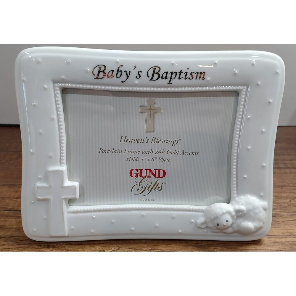 Gund Baby's Baptism Porcelain Photo Picture Frame 24K Gold Accents 4x6 Frame S7